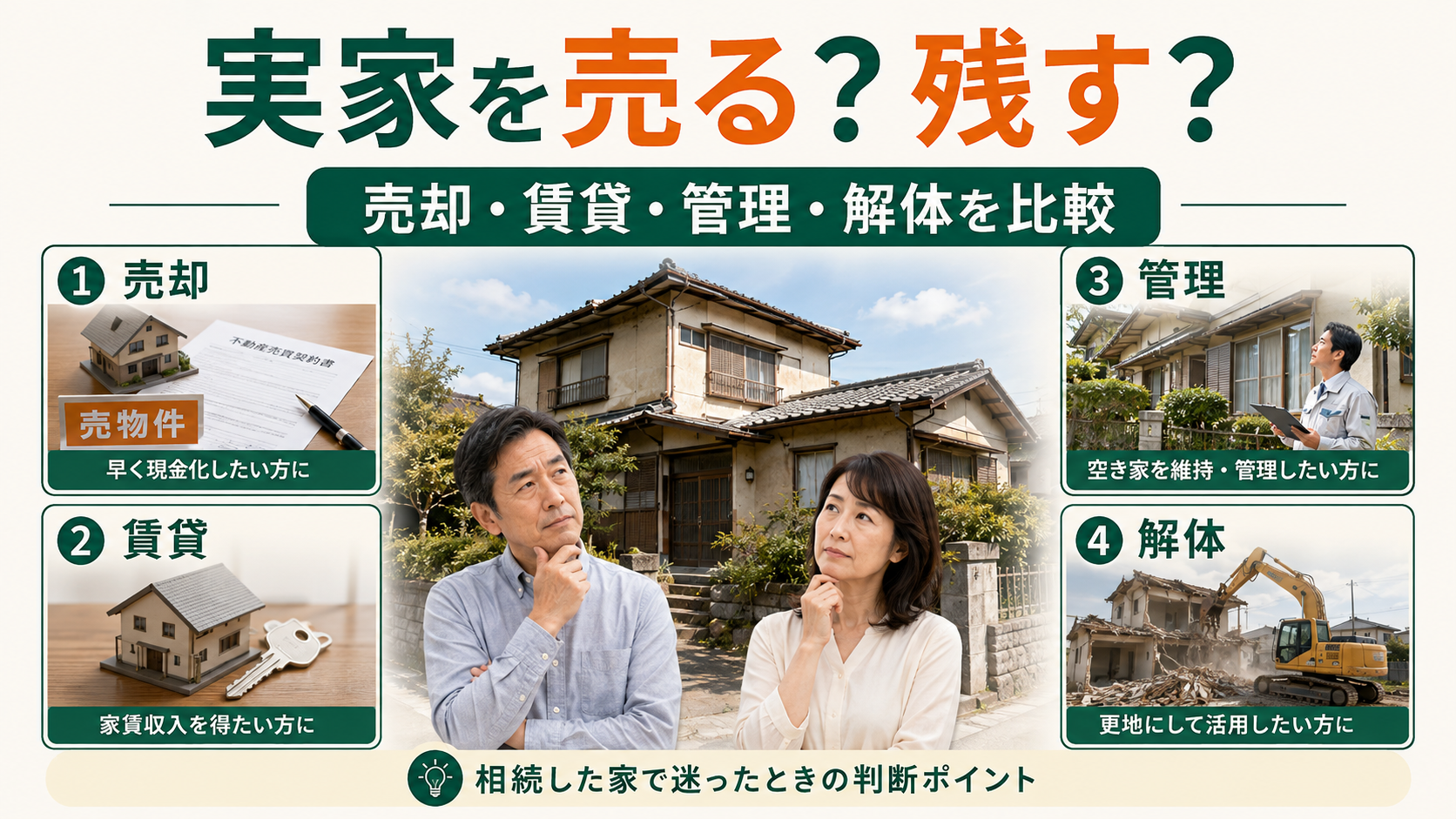 相続した実家を売るか残すか迷ったら？売却・賃貸・管理・解体を比較して解説