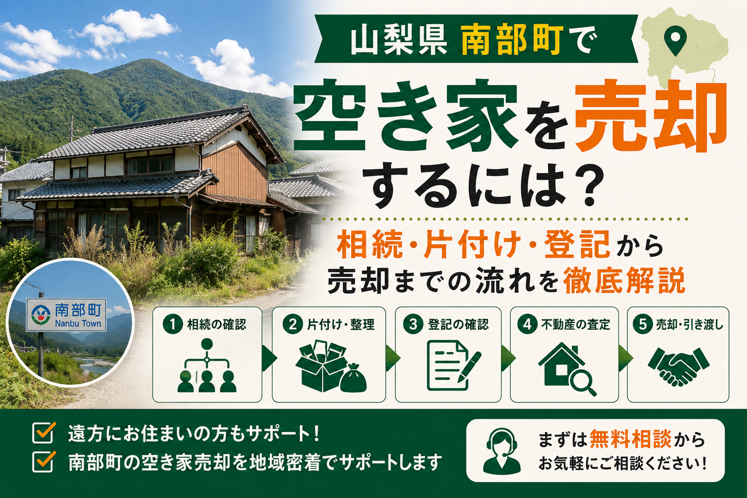 山梨県南部町で空き家を売却するには？相続・片付け・登記から売却までの流れを徹底解説
